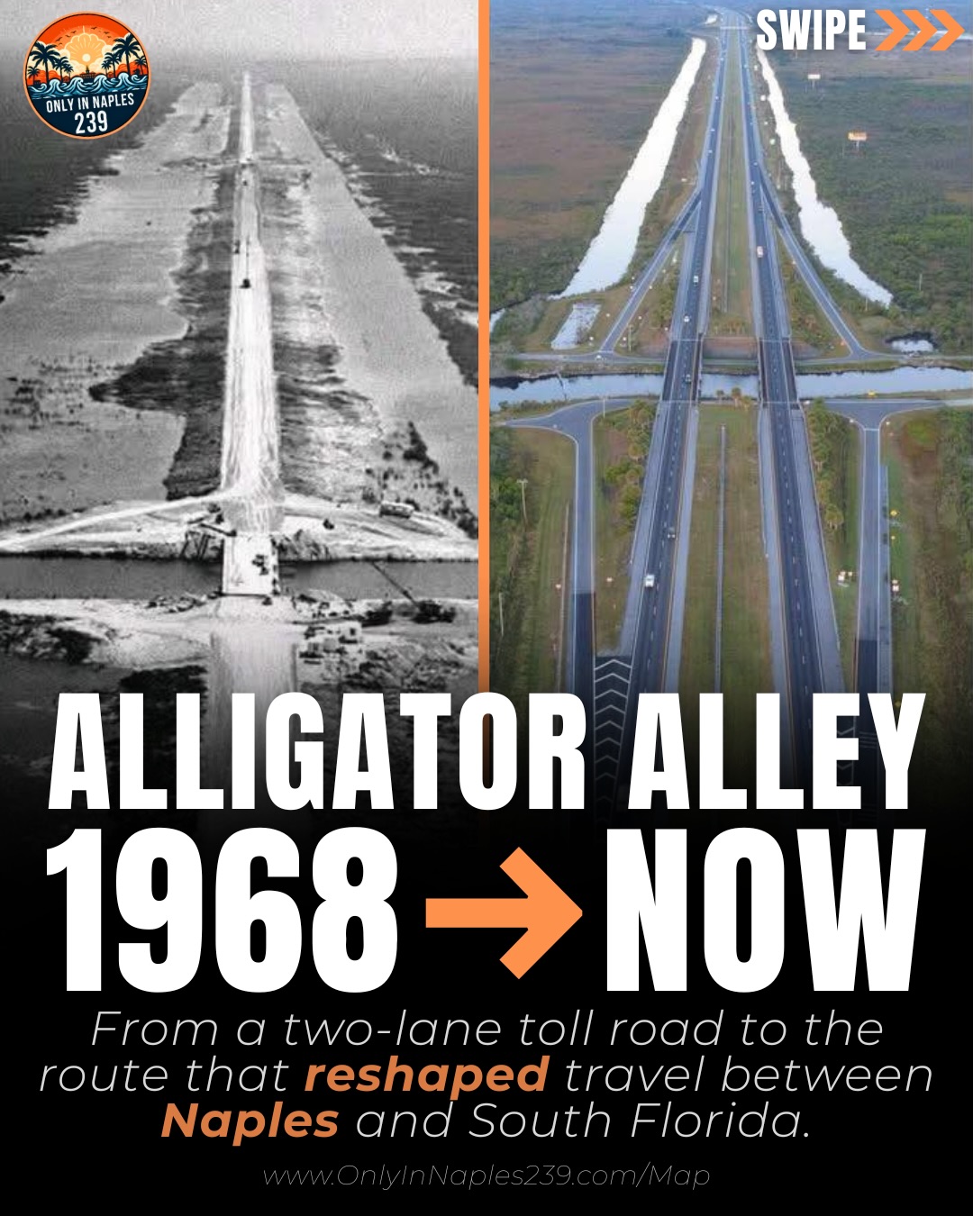 4,464 likes, 63 comments - only.in.naples.239 on April 15, 2026: "Long before the wide-open interstate most people know today, this was the original two-lane road cutting across the Everglades and connecting Naples to South Florida. Alligator Alley in 1968 looked a whole lot different than it does now.

Back when it was still a two-lane road through the Everglades, the drive between Naples and South Florida was a very different experience. Especially at night, in the rain, with nothing around bu